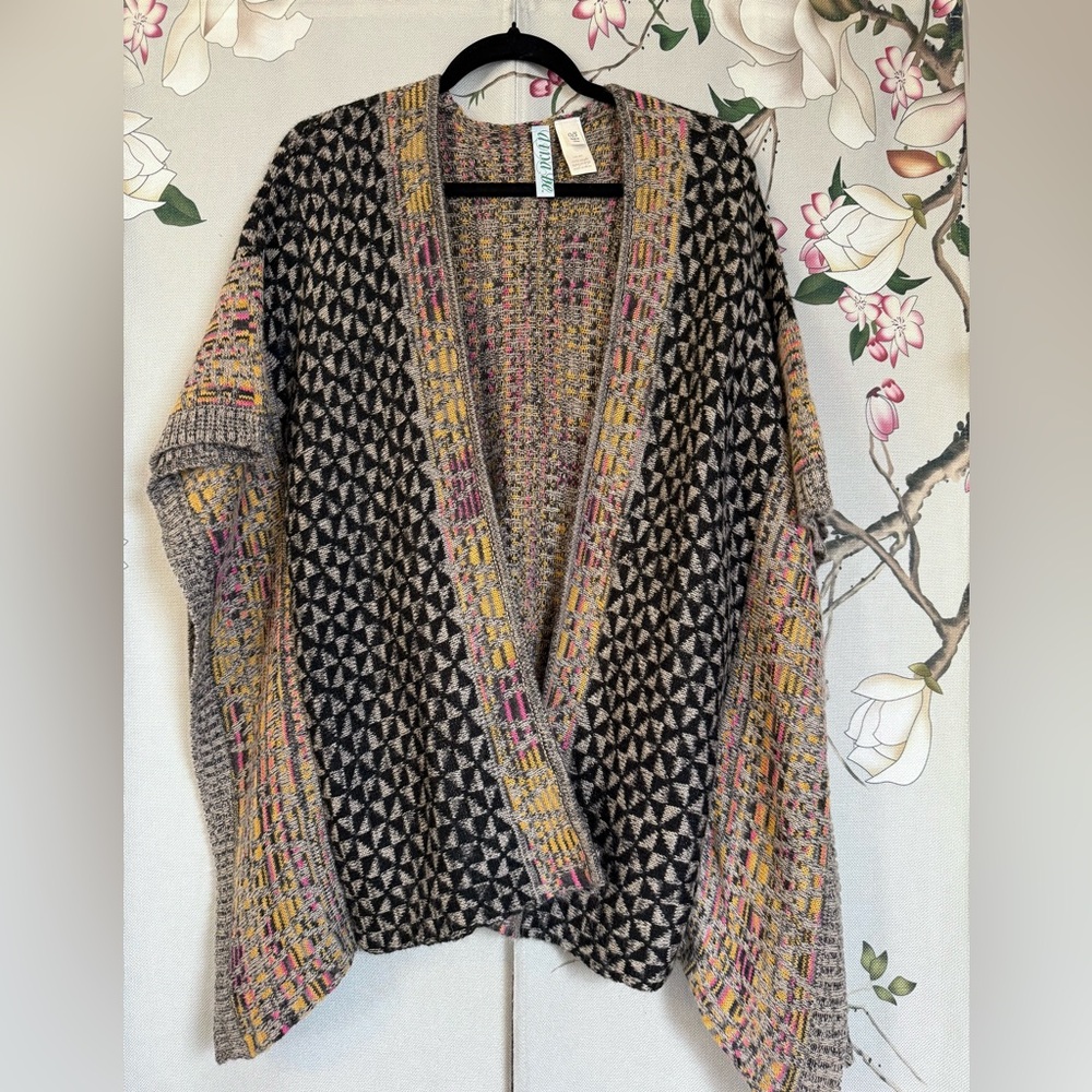 Boho Geometric Mixed Print Knit Poncho Wrap Kimono Open Cardigan